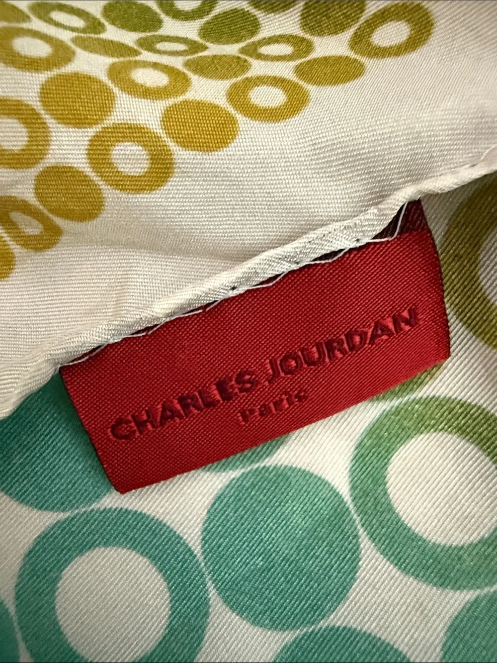 Charles Jourdan Yellow, Teal and Red Polka Dot Silk Scarf